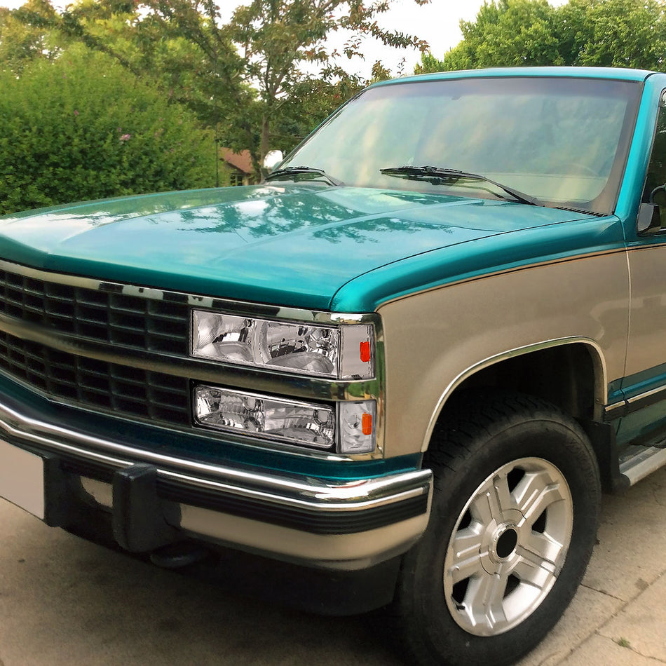 1988-1993 Chevrolet C/K Blazer/Tahoe/Silverado/Suburban GMC Sierra/Yukon Factory Style Headlights, Bumper Lights, & Corner Lights Set (Chrome Housing/Clear Lens)