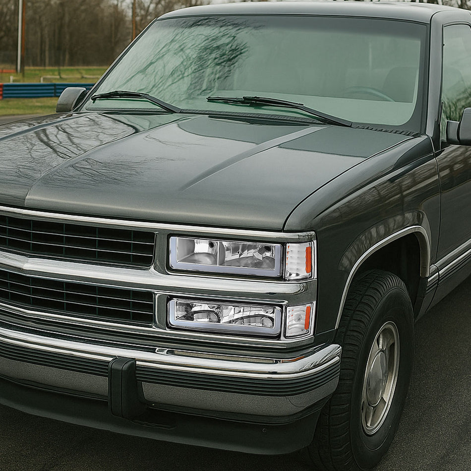 1994-1998 Chevrolet Silverado/Tahoe/Suburban/C10 Factory Style Headlights w/LED Strip and Bumper & Corner Lights (Chrome Housing/Clear Lens)