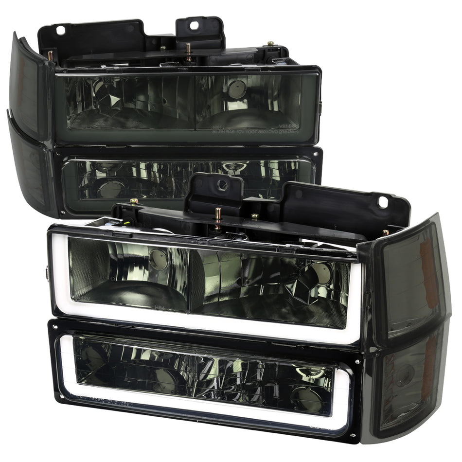 1994-1998 Chevrolet Silverado/Tahoe/Suburban/C10 Factory Style Headlights w/LED Strip and Bumper & Corner Lights (Chrome Housing/Smoked Lens)