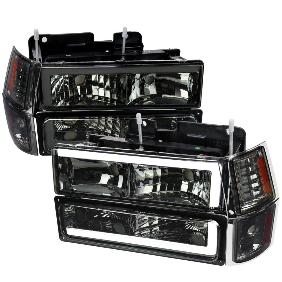 1994-1998 Chevrolet C10 C/K Tahoe Suburban LED Tube Factory Headlights with Corner Signal Bumper Lights (Chrome Housing/Smoked Lens)