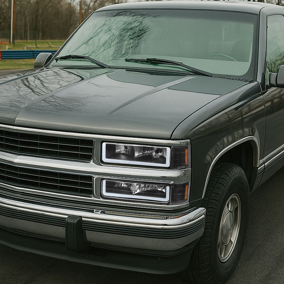 1994-1998 Chevrolet Silverado/Tahoe/Suburban/C10 Factory Style Headlights w/LED Strip and Bumper & Corner Lights (Matte Black Housing/Clear Lens)