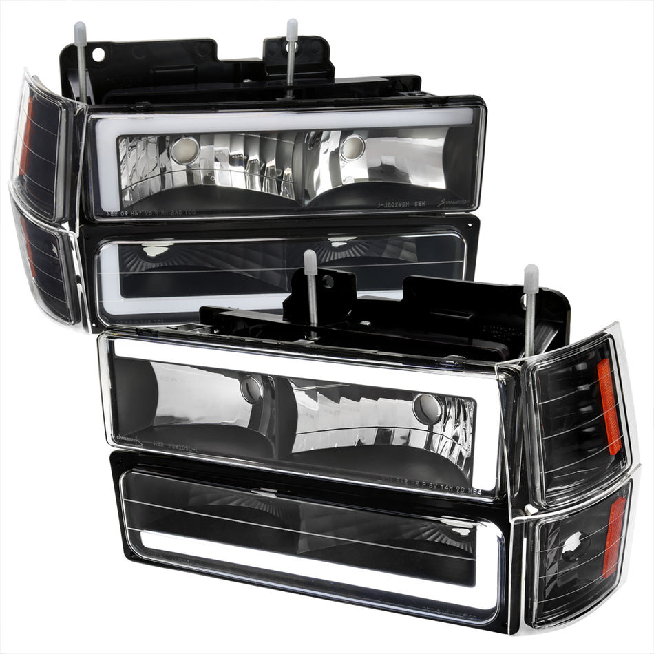 1994-1998 Chevrolet C10 C/K Tahoe Suburban LED Tube Factory Headlights with Corner Signal Bumper Lights (Matte Black Housing/Clear Lens)