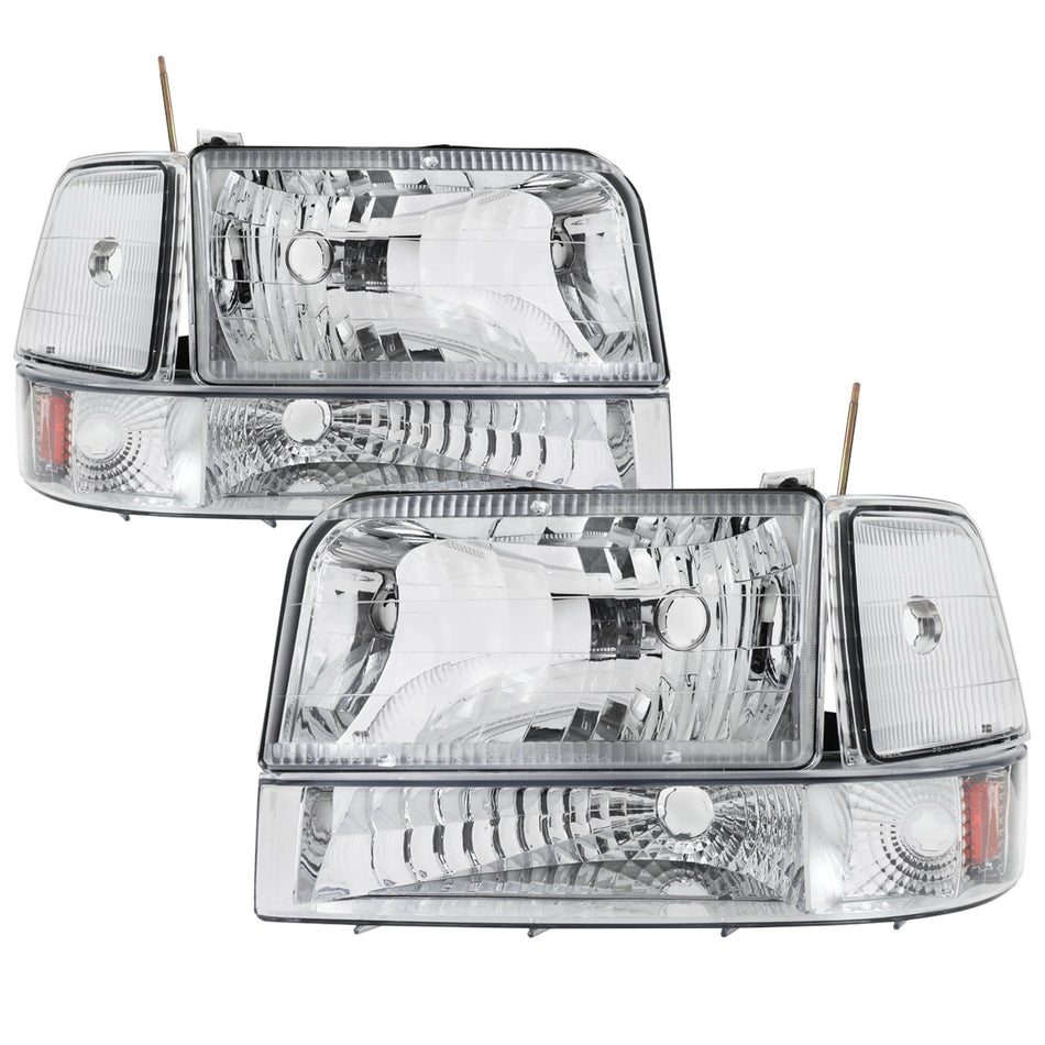 1992-1996 Ford F-150/F-250/F-350/Bronco Factory Style Headlights w/ Bumper & Corner Lights (Chrome Housing/Clear Lens)
