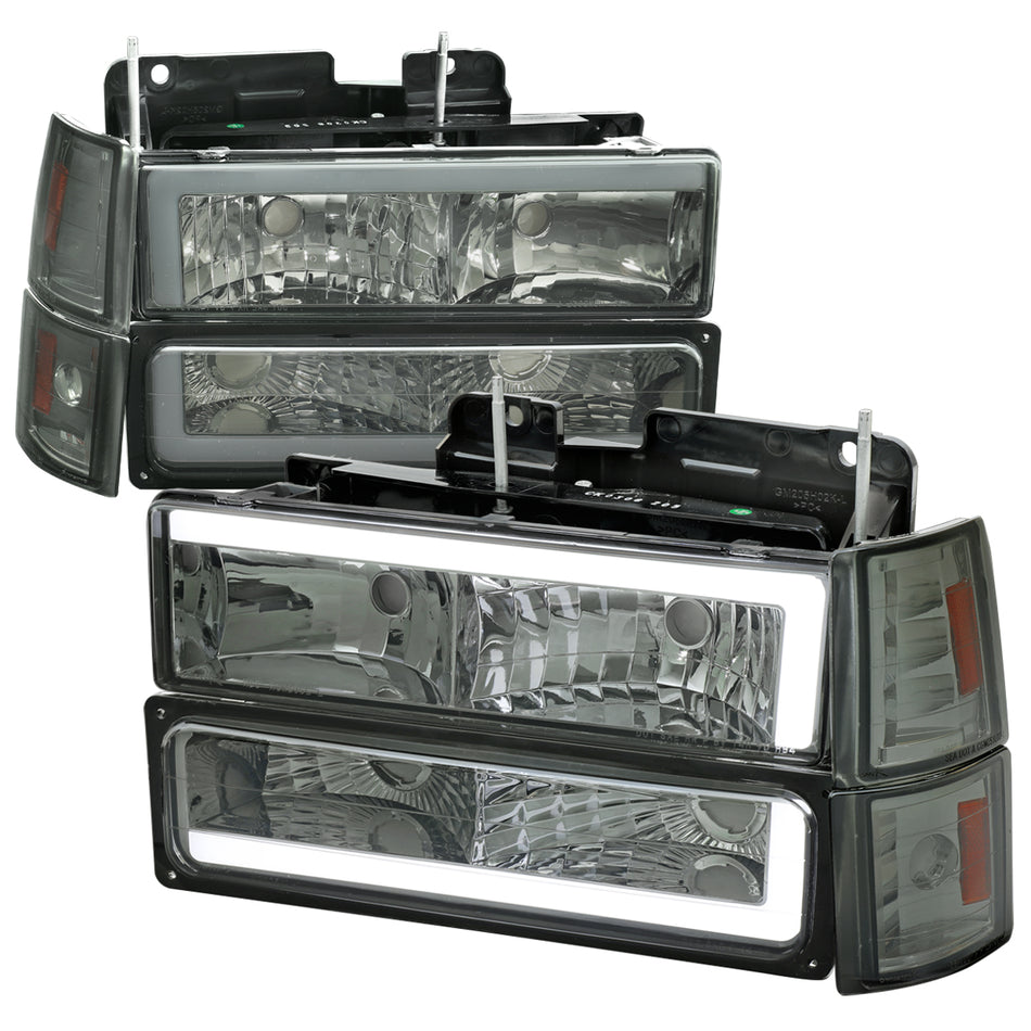 1994-1998 GMC C10 / C/K / Suburban / Sierra / Yukon  LED Bar Factory Style Headlights, Corner Lights, and Bumper Lights (Chrome Housing/Smoked Lens)