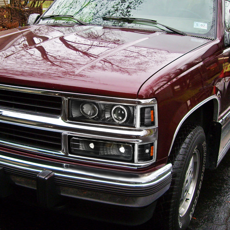 1994-1998 Chevrolet C/K 1500 2500/Tahoe Dual Halo Projector Headlights With Bumper and Corner Signal Lights (Matte Black Housing/Clear Lens)