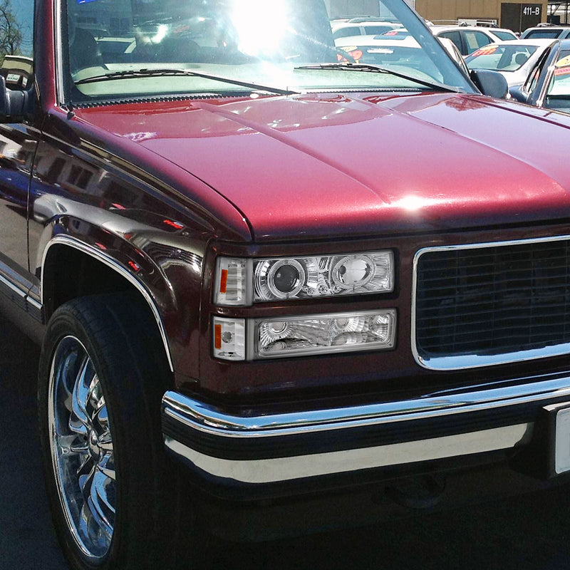 1994-1999 GMC C/K C10 Sierra Dual Halo Projector Headlights With Bumper and Corner Signal Lights (Chrome Housing/Clear Lens)