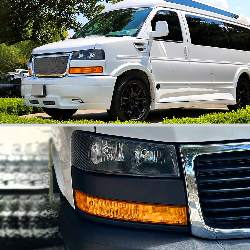 2003-2023 Chevrolet Express/GMC Savana Factory Style Headlights w/ Amber Lens Bumper Lamp (Black Housing/Clear Lens)