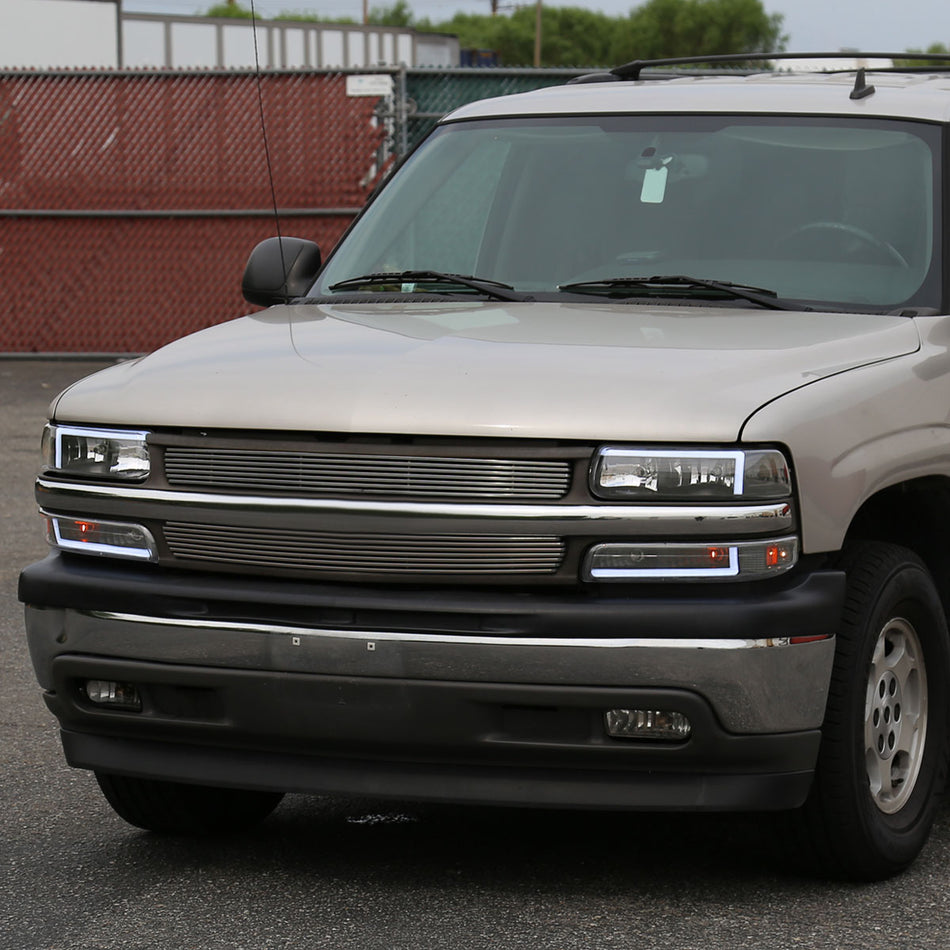 1999-2002 Chevrolet Silverado 1500 2500 / 2000-2006 Tahoe Suburban LED Bar Factory Style Headlights & Bumper Lights w/ Amber Reflector (Matte Black Housing/Clear Lens)
