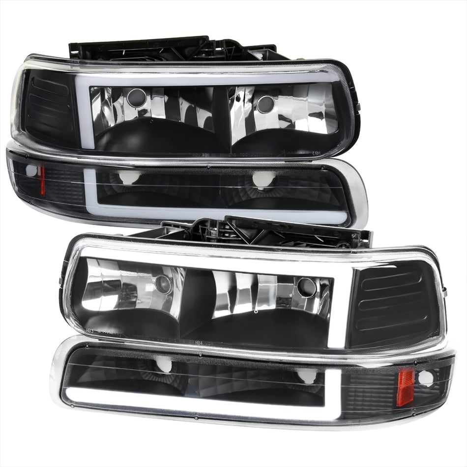 1999-2002 Chevrolet Silverado 1500 2500 / 2000-2006 Tahoe Suburban LED Bar Factory Style Headlights & Bumper Lights w/ Amber Reflector (Matte Black Housing/Clear Lens)