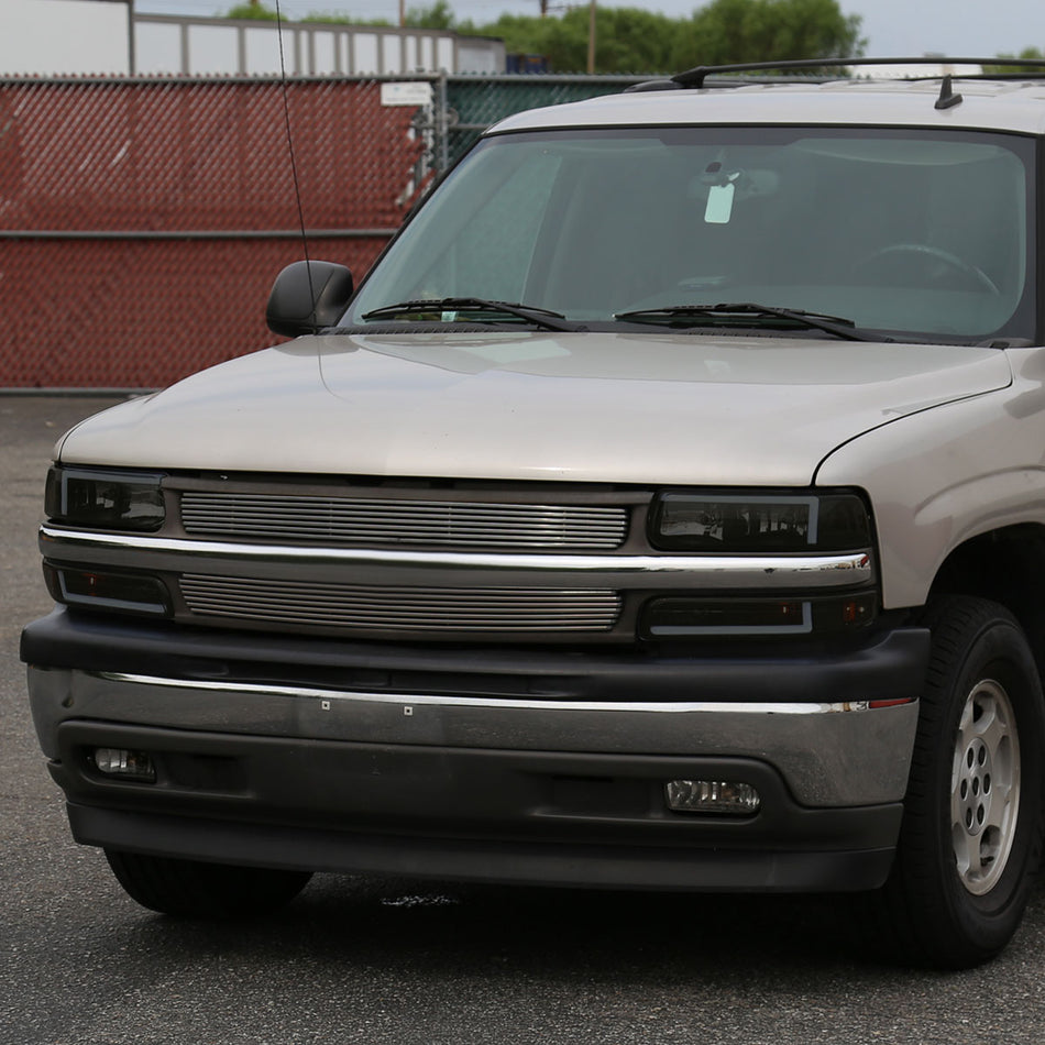 1999-2002 Chevrolet Silverado 1500 2500 / 2000-2006 Tahoe Suburban LED Bar Factory Style Headlights & Bumper Lights with Amber Reflector (Black Housing/Smoked Lens)
