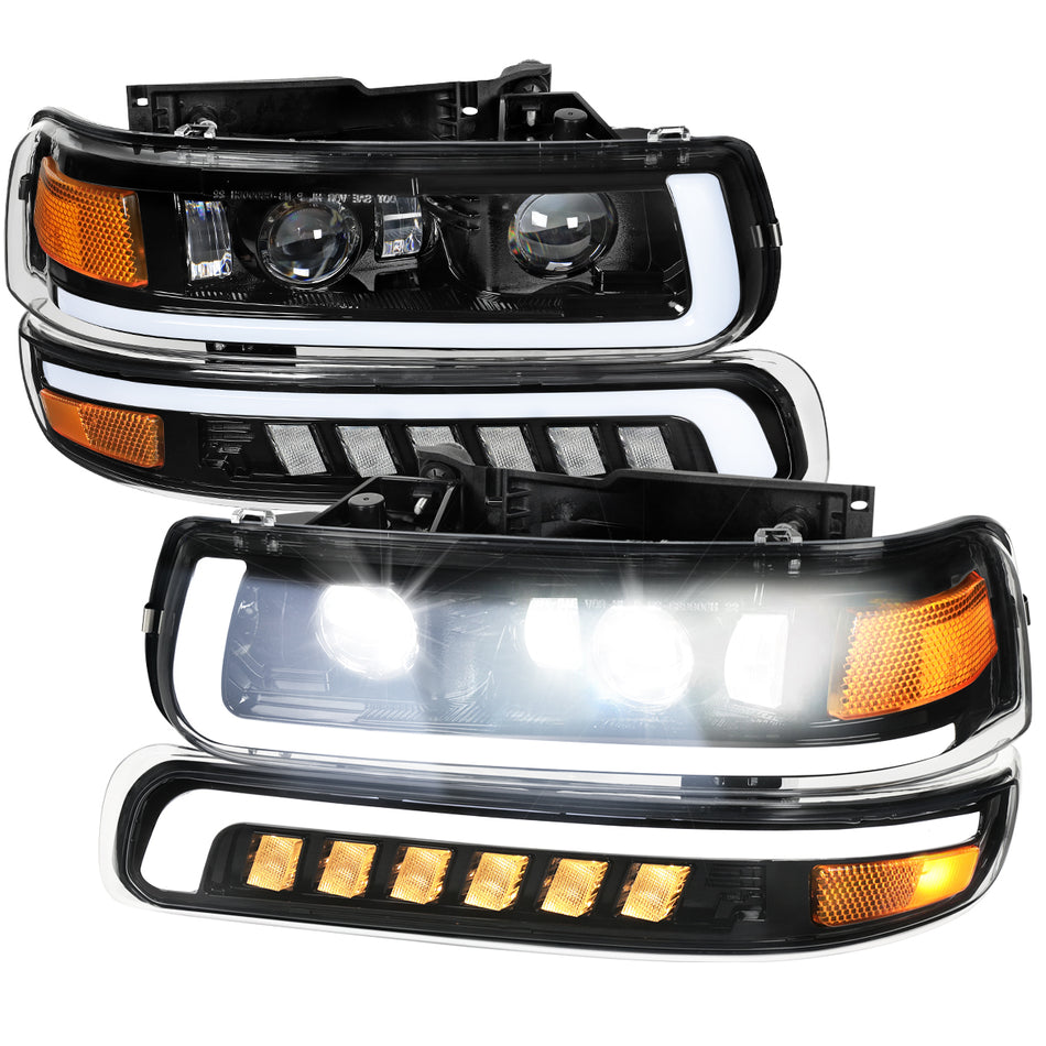1999-2002 Chevrolet Silverado / 2000-2006 Tahoe / Suburban LED Projector DRL Headlights w/ Bumper Lights (Jet Black Housing/Clear Lens)