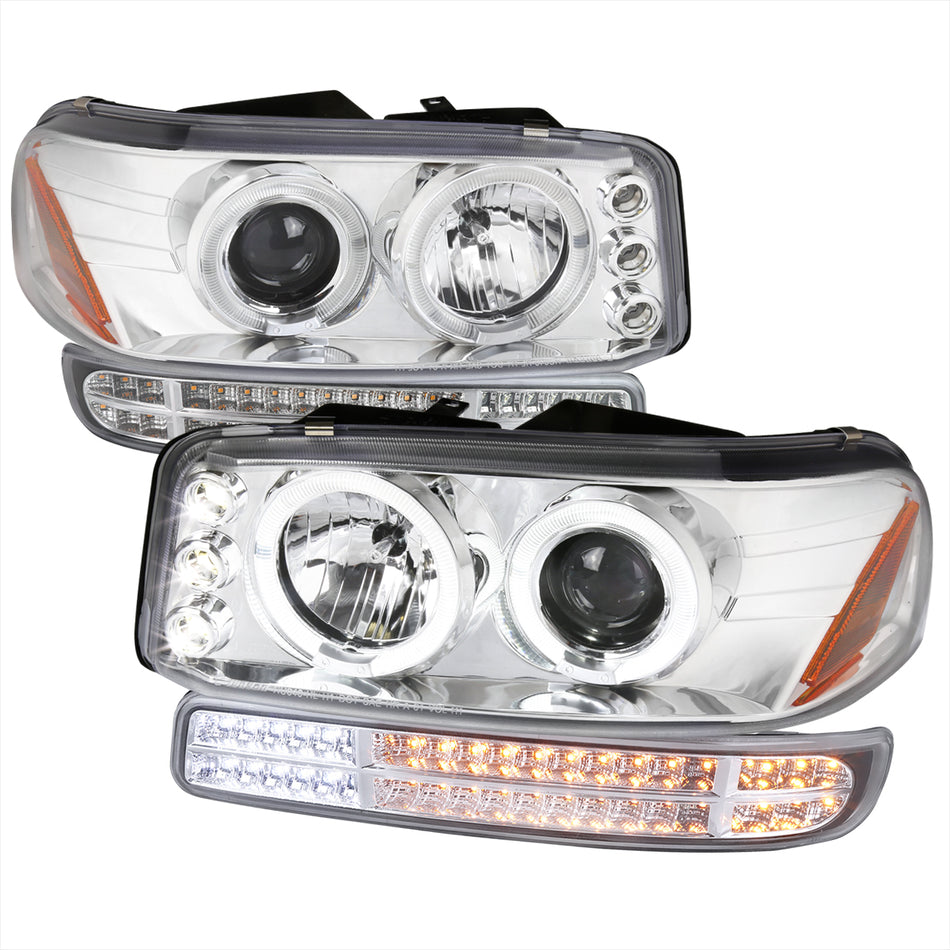 1999-2006 GMC Sierra/ 2000-2006 Yukon/Yukon XL Dual Halo Projector Headlights with LED Sequential Turn Signal Bumper Lights (Chrome Housing/Clear Lens)