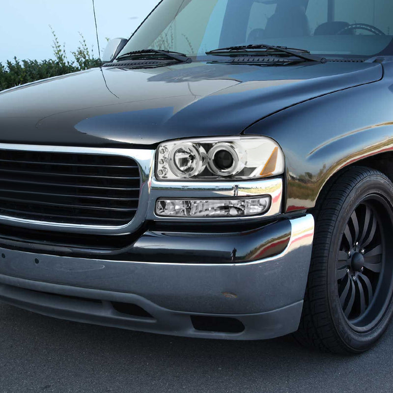 1999-2006 GMC Sierra/Yukon XL/SLT Dual Halo Projector Headlights & Bumper Lights (Chrome Housing/Clear Lens)