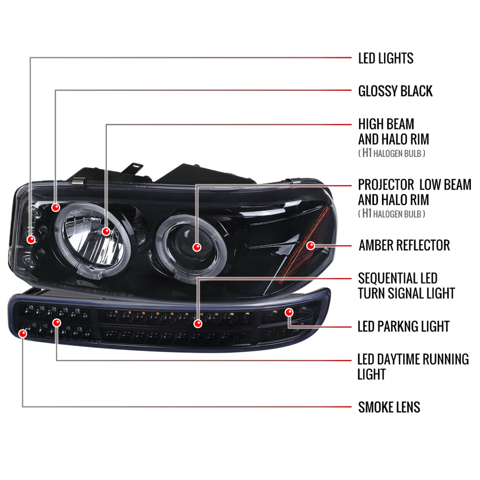 1999-2006 GMC Sierra/ 2000-2006 Yukon/Yukon XL Dual Halo Projector Headlights with LED Sequential Turn Signal Bumper Lights (Glossy Black Housing/Smoked Lens)