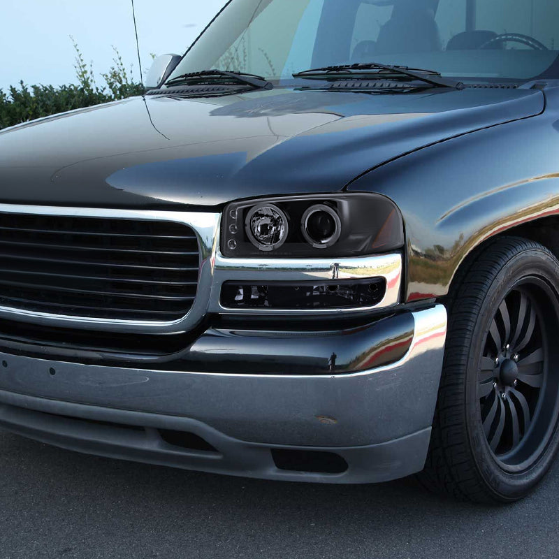 1999-2006 GMC Sierra/Yukon XL/SLT Dual Halo Projector Headlights & Bumper Lights (Glossy Black Housing/Smoked Lens)