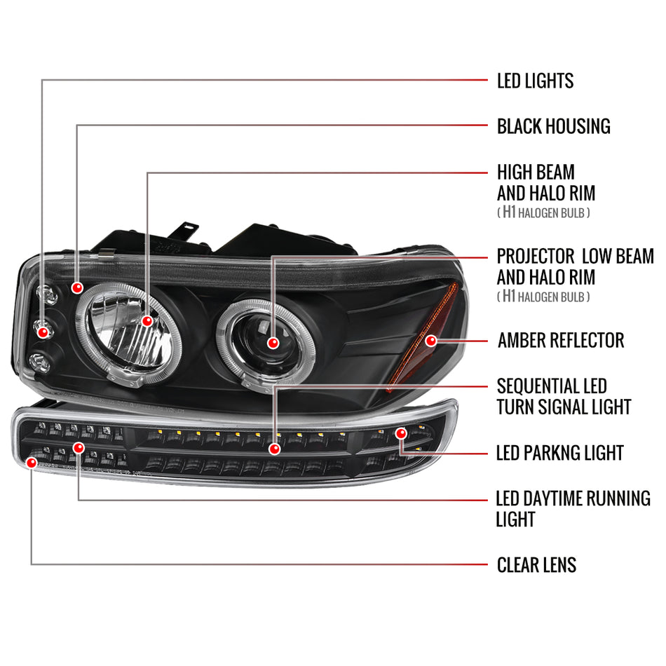 1999-2006 GMC Sierra/ 2000-2006 Yukon/Yukon XL Dual Halo Projector Headlights with LED Sequential Turn Signal Bumper Lights (Matte Black Housing/Clear Lens)