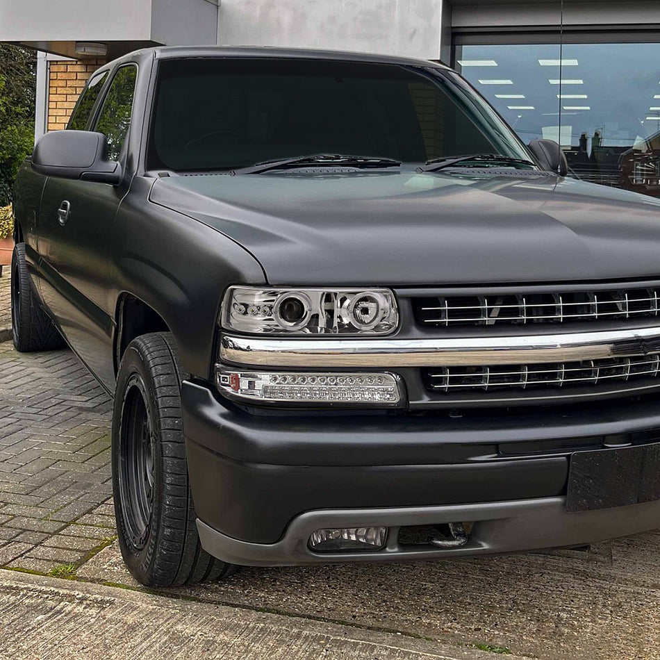 1999-2002 Chevrolet Silverado/ 2000-2006 Chevrolet Tahoe/Suburban Dual Halo Projector Headlights with LED Sequential Turn Signal Bumper Lights (Chrome Housing/Clear Lens)