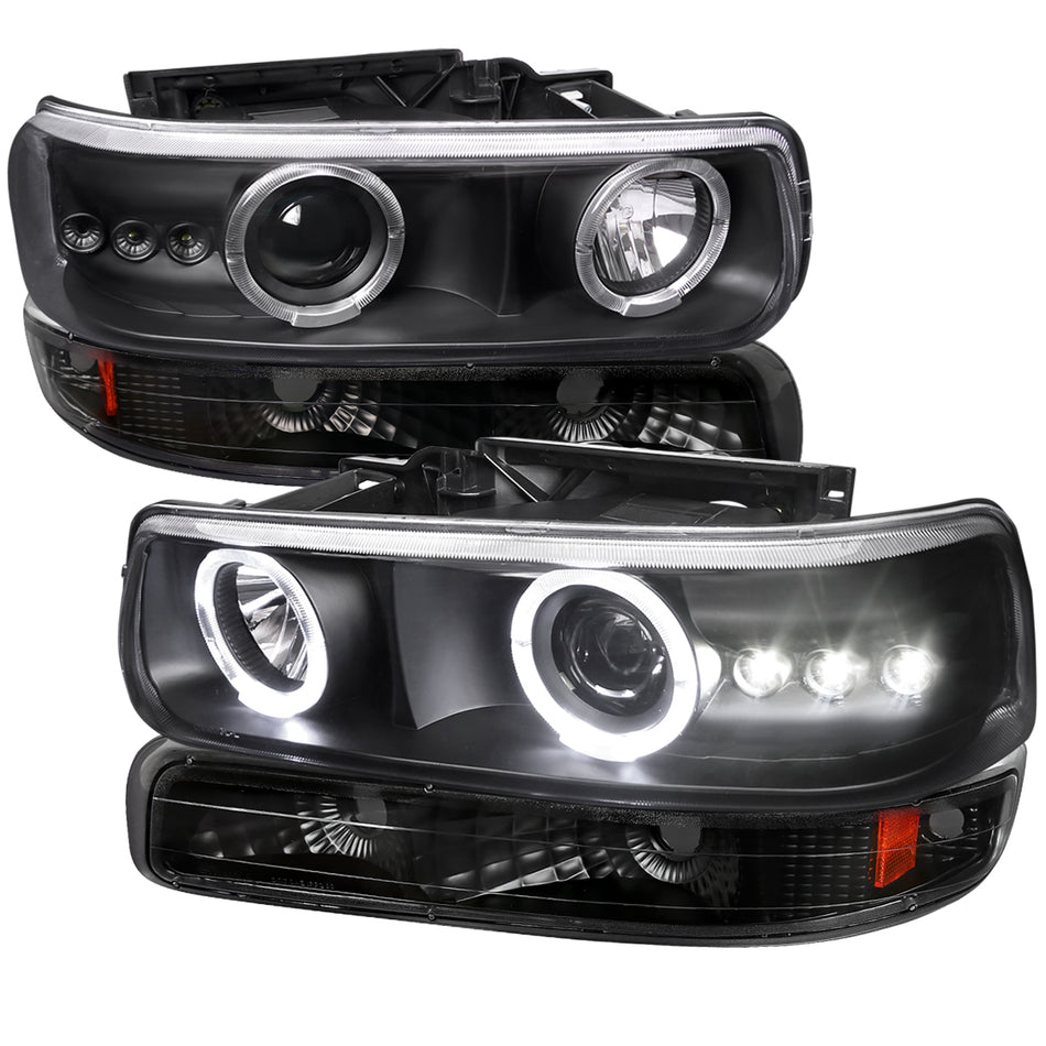 1999-2002 Chevrolet Silverado/ 2000-2006 Tahoe Suburban Dual Halo Projector Headlights w/ Bumper Lights (Matte Black Housing/Clear Lens)