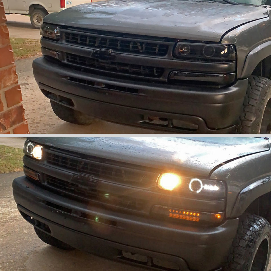 1999-2002 Chevrolet Silverado/ 2000-2006 Chevrolet Tahoe/Suburban Dual Halo Projector Headlights with LED Sequential Turn Signal Bumper Lights (Black Housing/Smoked Lens)