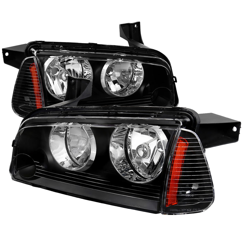 2006-2010 Dodge Charger Factory Style Headlights w/ Corner Lights (Matte Black Housing/Clear Lens)