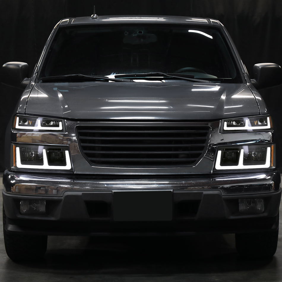 2004-2012 Chevy Colorado GMC Canyon LED Bar Factory Style Headlights w/ Amber Corber Lamp (Matte Black Housing/Clear Lens)
