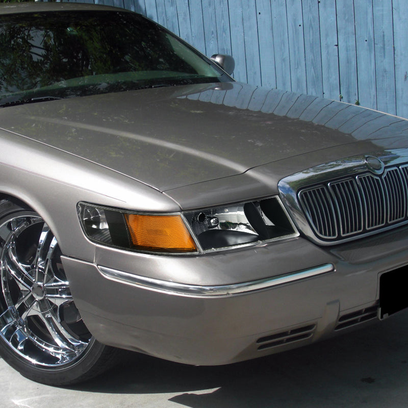 1998-2002 Mercury Grand Marquis Factory Style Crystal Headlights w/ Corner Signal Lights (Matte Black Housing/Clear Lens)