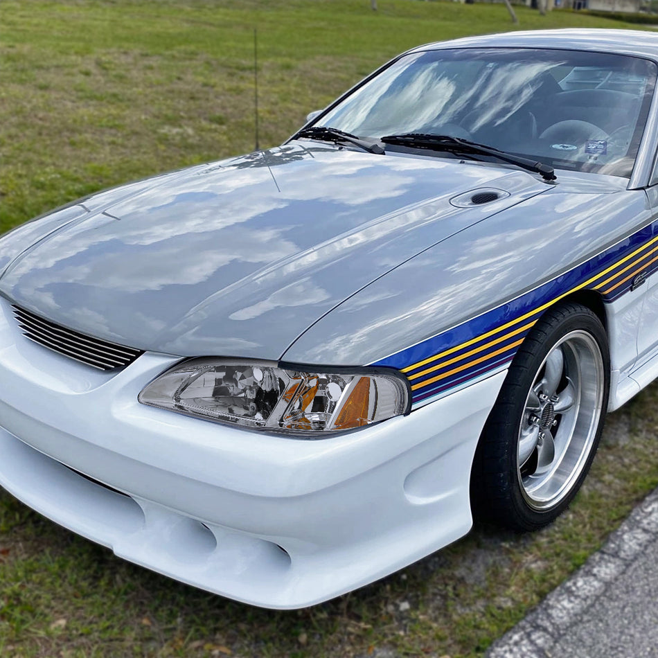 1994-1998 Ford Mustang 1PC Crystal Headlights w/ Amber Reflectors (Chrome Housing/Clear Lens)