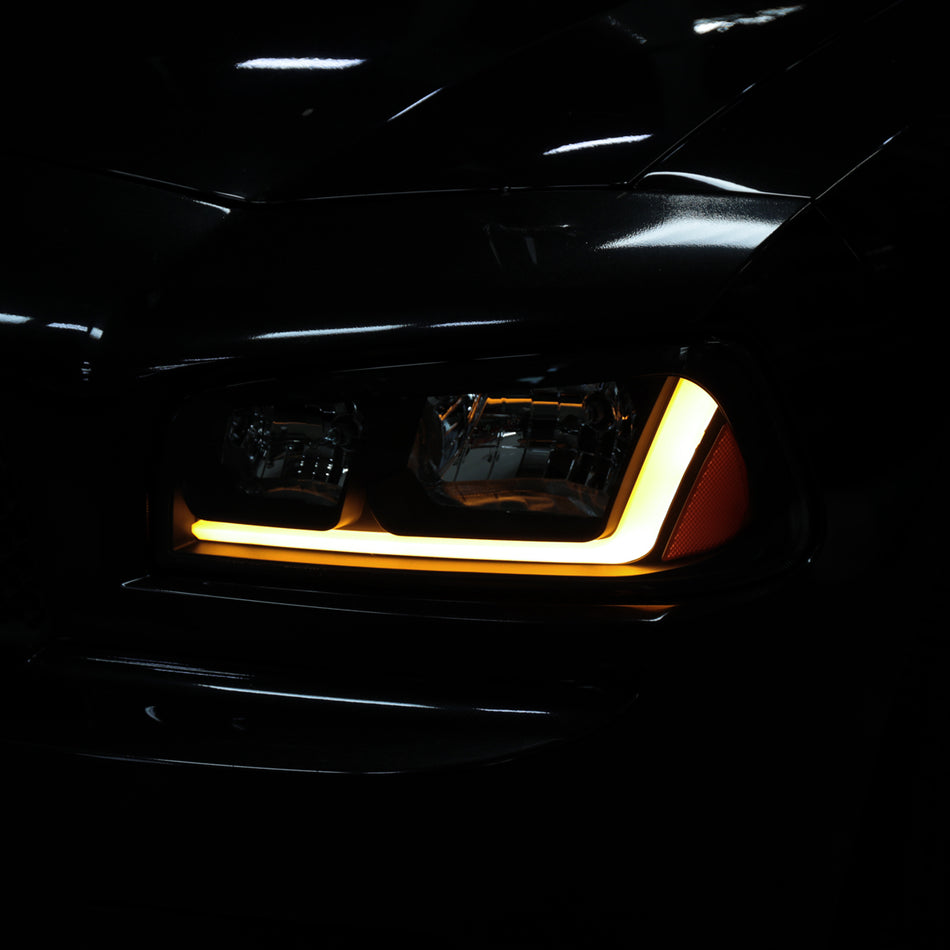 2006-2010 Dodge Charger Switchback Sequential LED Bar Factory Style Headlights (Matte Black Housing/Smoked Lens)