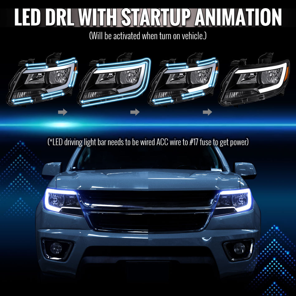 2015-2022 Chevrolet Colorado Factory Style Headlights with Sequential Switchback LED Bar Turn Signal (Black Housing / Clear Lens)