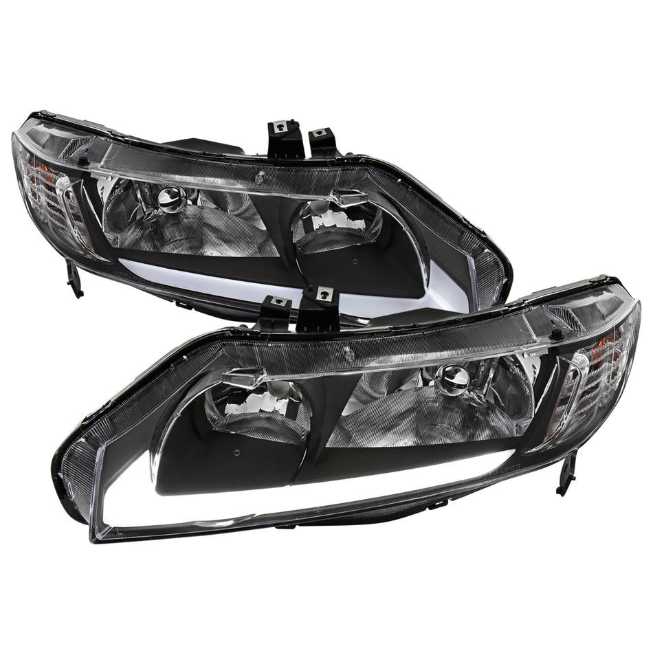 2006-2011 Honda Civic 4DR Sedan Factory Style Headlights w/ LED Strip (Matte Black Housing/Clear Lens)