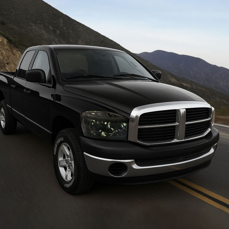 2006-2008 Dodge RAM 1500/ 2006-2009 RAM 2500 3500 LED Bar Factory Style Crystal Headlights (Chrome Housing/Smoked Lens)