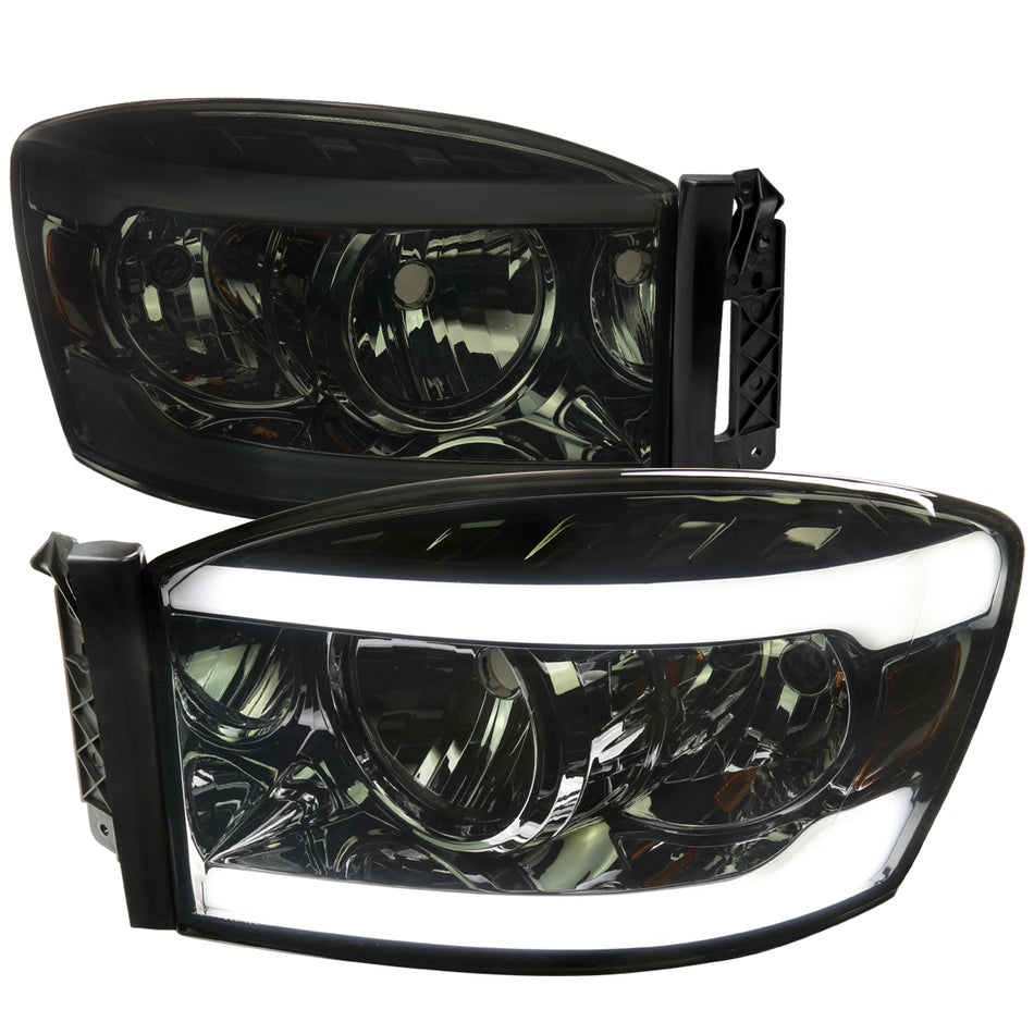 2006-2008 Dodge RAM 1500/ 2006-2009 RAM 2500 3500 LED Bar Factory Style Crystal Headlights (Chrome Housing/Smoked Lens)