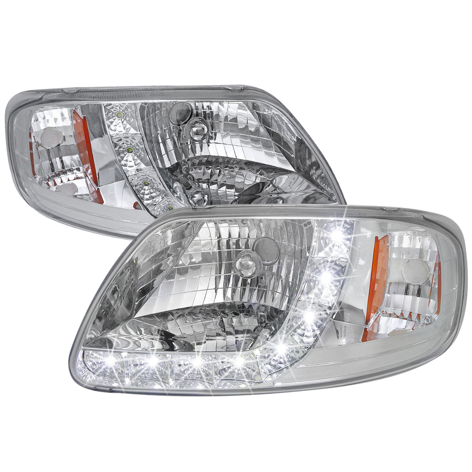 1997-2004 Ford F-150/Expedition Factory Style Crystal Headlights w/ SMD LED Light Strip (Chrome Housing/Clear Lens)