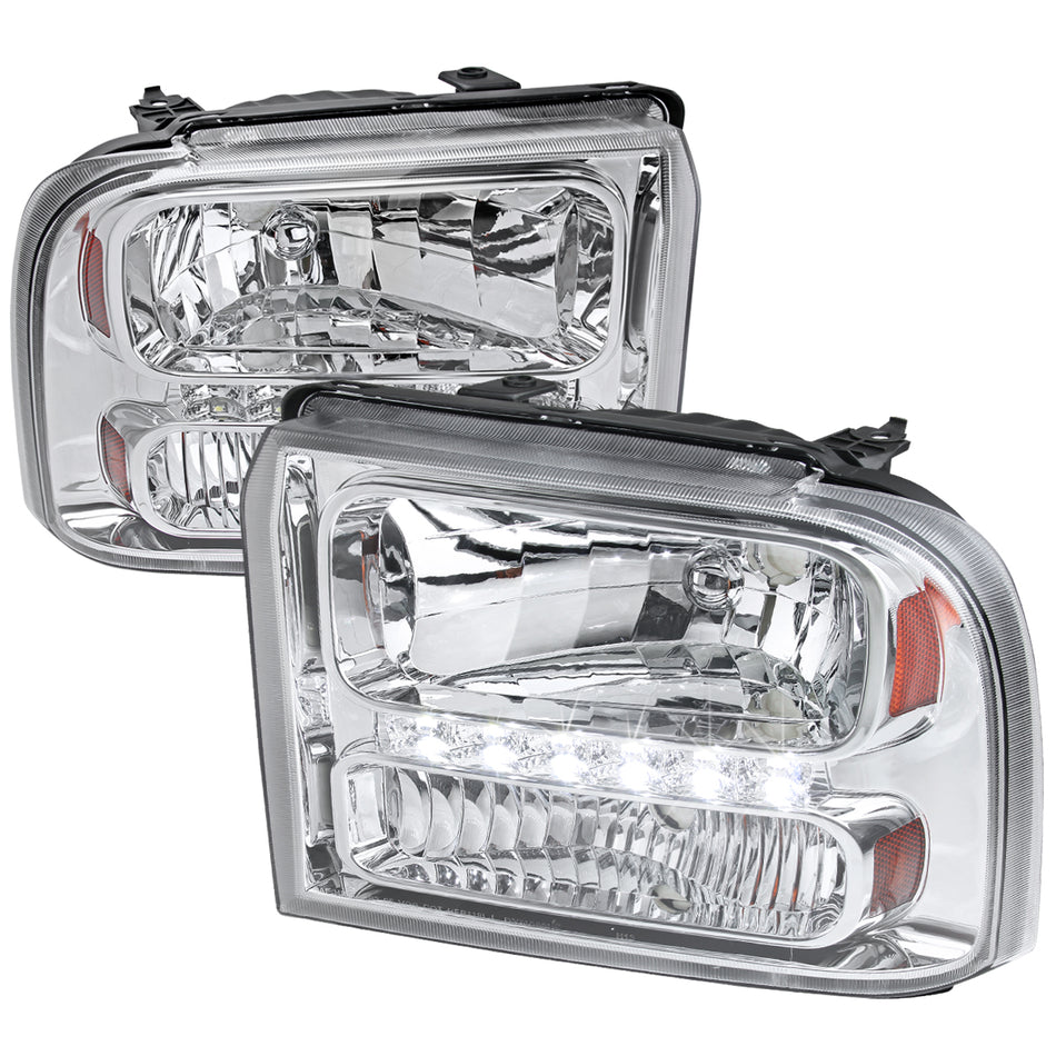 2005-2007 Ford F-250/F-350/F-450/F-550/Excursion Crystal Headlights w/ SMD LED Light Strip (Chrome Housing/Clear Lens)