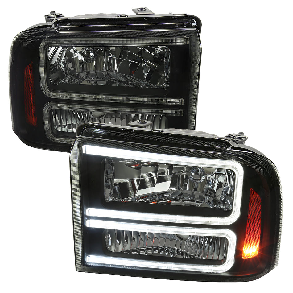 2005-2007 Ford F-250/F-350/F-450/F-550 Super Duty Dual LED C-Bar Factory Style Headlights (Matte Black Housing/Smoked Lens)