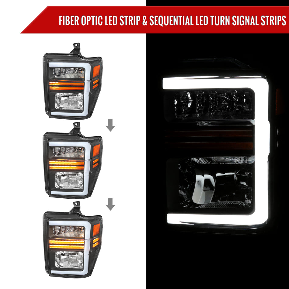 2008-2010 Ford F-250/F-350/F-450/F-550 Super Duty LED Sequential Signal Factory Style Headlights (Matte Black Housing/Clear Lens)