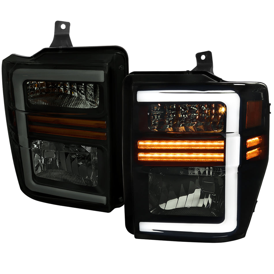2008-2010 Ford F-250/F-350/F-450/F-550 Super Duty LED Sequential Signal Factory Style Headlights (Matte Black Housing/Smoked Lens)