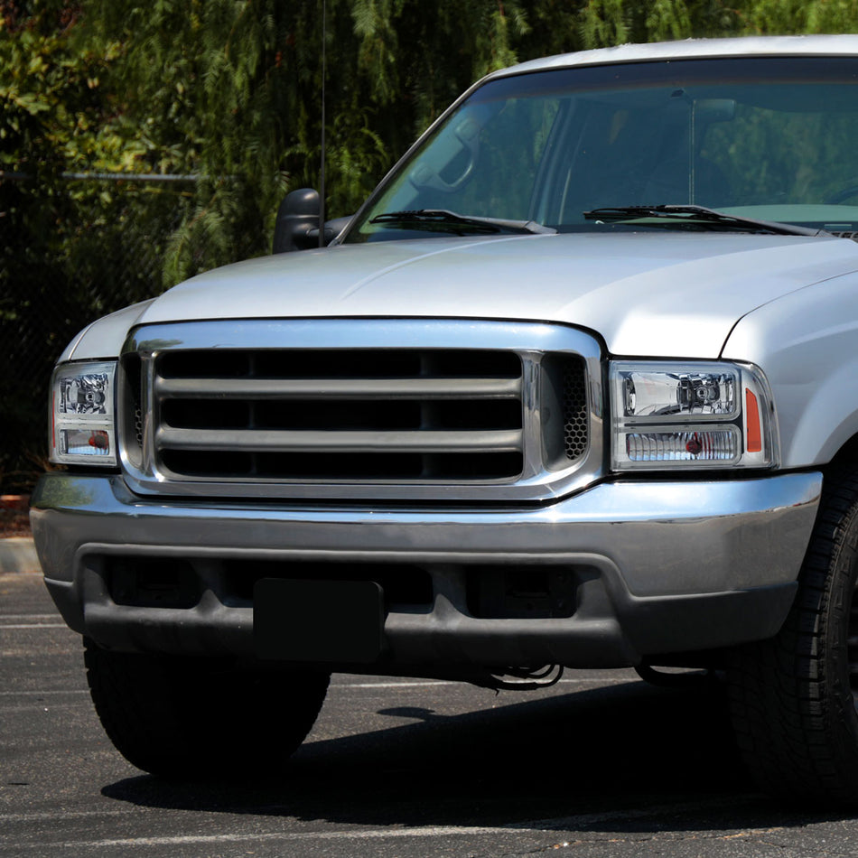 1999-2004 Ford F-250/F-350/F-450/F-550/2000-2004 Excursion Euro Factory Style Headlights with Dual LED C-Bar  (Chrome Housing/Clear Lens)