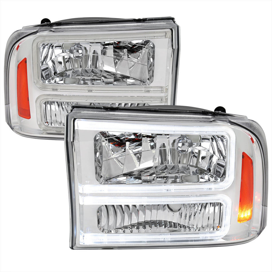 1999-2004 Ford F-250/F-350/F-450/F-550/2000-2004 Excursion Euro Factory Style Headlights with Dual LED C-Bar  (Chrome Housing/Clear Lens)