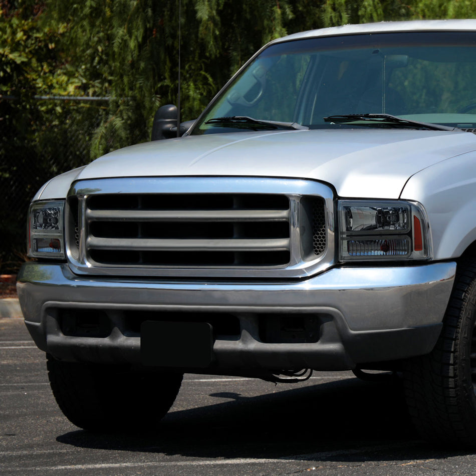 1999-2004 Ford F-250/F-350/F-450/F-550/2000-2004 Excursion Euro Factory Style Headlights with Dual LED C-Bar  (Chrome Housing/Smoked Lens)