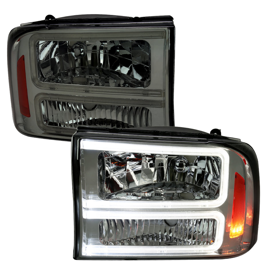 1999-2004 Ford F-250/F-350/F-450/F-550/2000-2004 Excursion Euro Factory Style Headlights with Dual LED C-Bar  (Chrome Housing/Smoked Lens)