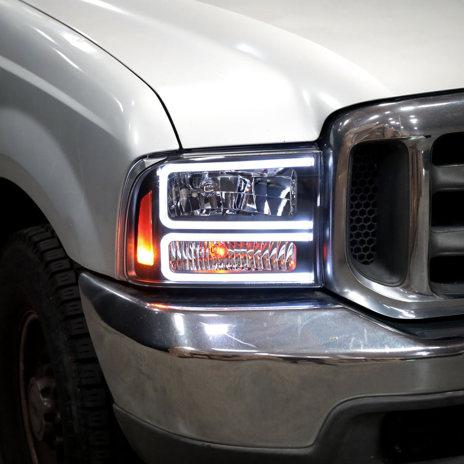 1999-2004 Ford F-250/F-350/F-450/F-550/2000-2004 Excursion Euro Factory Style Headlights with Dual LED C-Bar  (Matte Black Housing/Clear Lens)