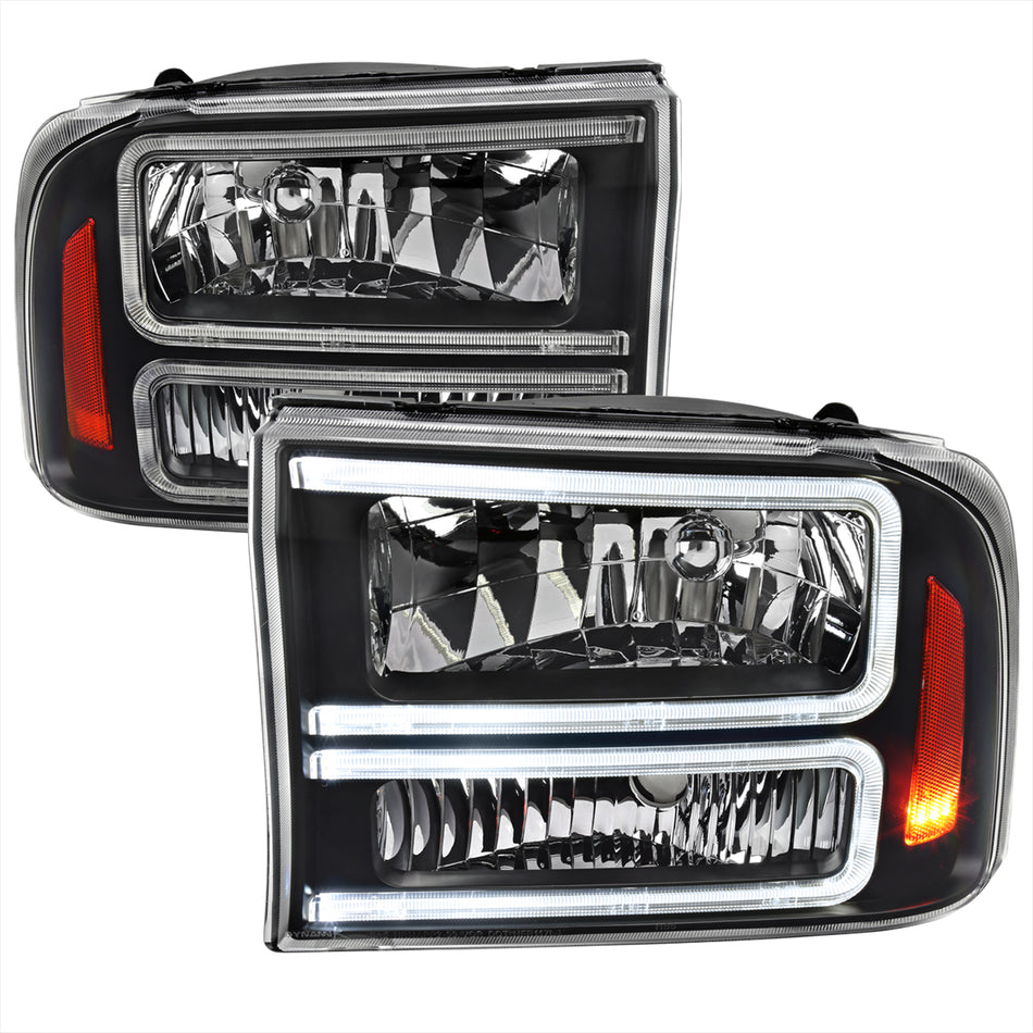 1999-2004 Ford F-250/F-350/F-450/F-550/2000-2004 Excursion Euro Factory Style Headlights with Dual LED C-Bar  (Matte Black Housing/Clear Lens)
