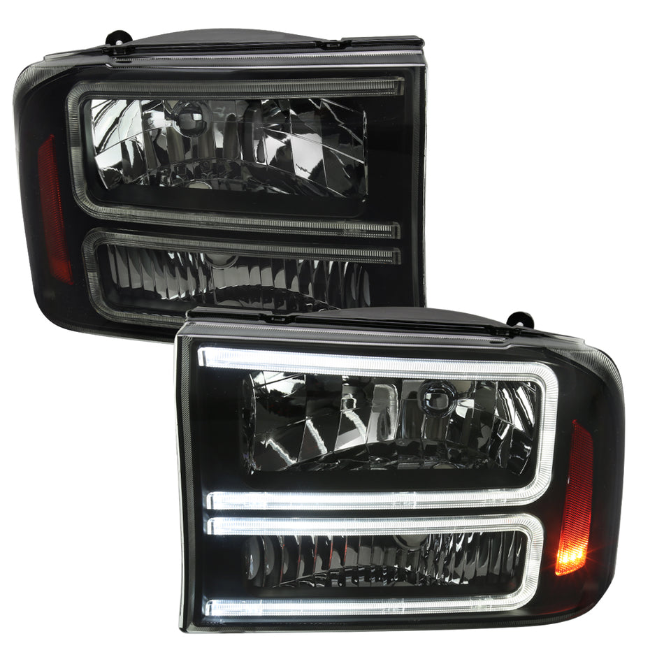 1999-2004 Ford F-250/F-350/F-450/F-550/2000-2004 Excursion Euro Factory Style Headlights with Dual LED C-Bar & Amber Reflectors (Jet Black Housing/Smoked Lens)