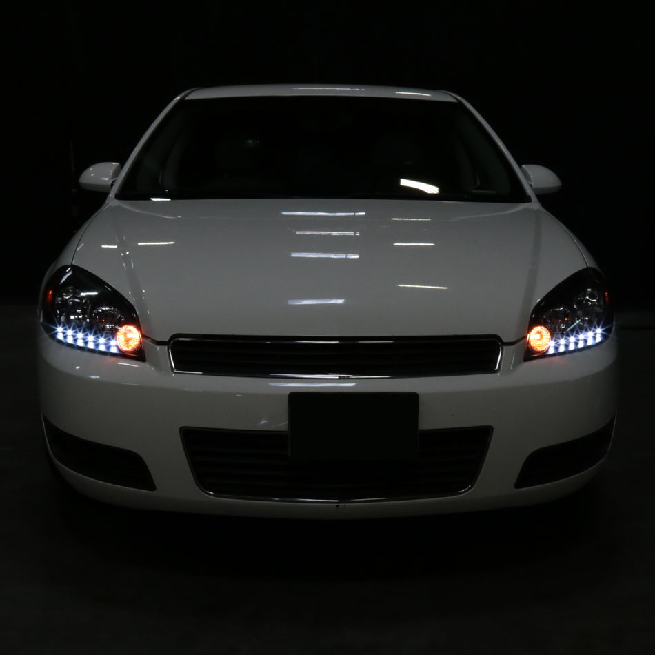 2006-2013 Chevrolet Impala / 2014-2015 Impala Limited / 2006-2007 Monte Carlo Factory Style Crystal Headlights w/ SMD LED Light Strip (Matte Black Housing/Clear Lens)