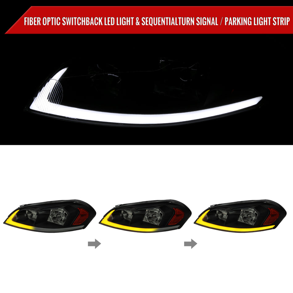 2006-2013 Chevrolet Impala/2014-2016 Impala Limited/2006-2007 Monte Carlo Switchback Sequential Signal LED Bar Factory Style Headlights (Matte Black Housing/Smoked Lens)
