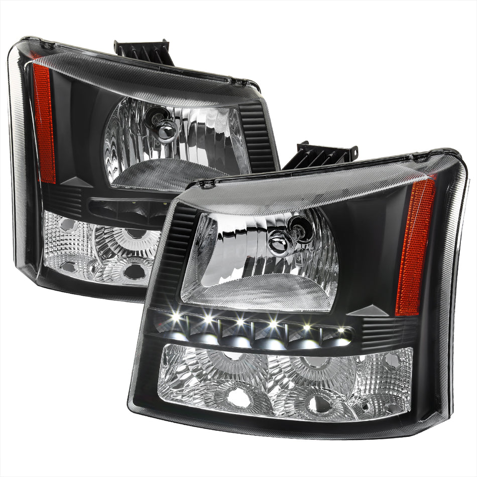 2002-2006 Chevrolet Avalanche/ 2003-2007 Silverado 1PC Factory Style Headlights w/ SMD LED Light Strip & Bumper Lights (Matte Black Housing/Clear Lens)