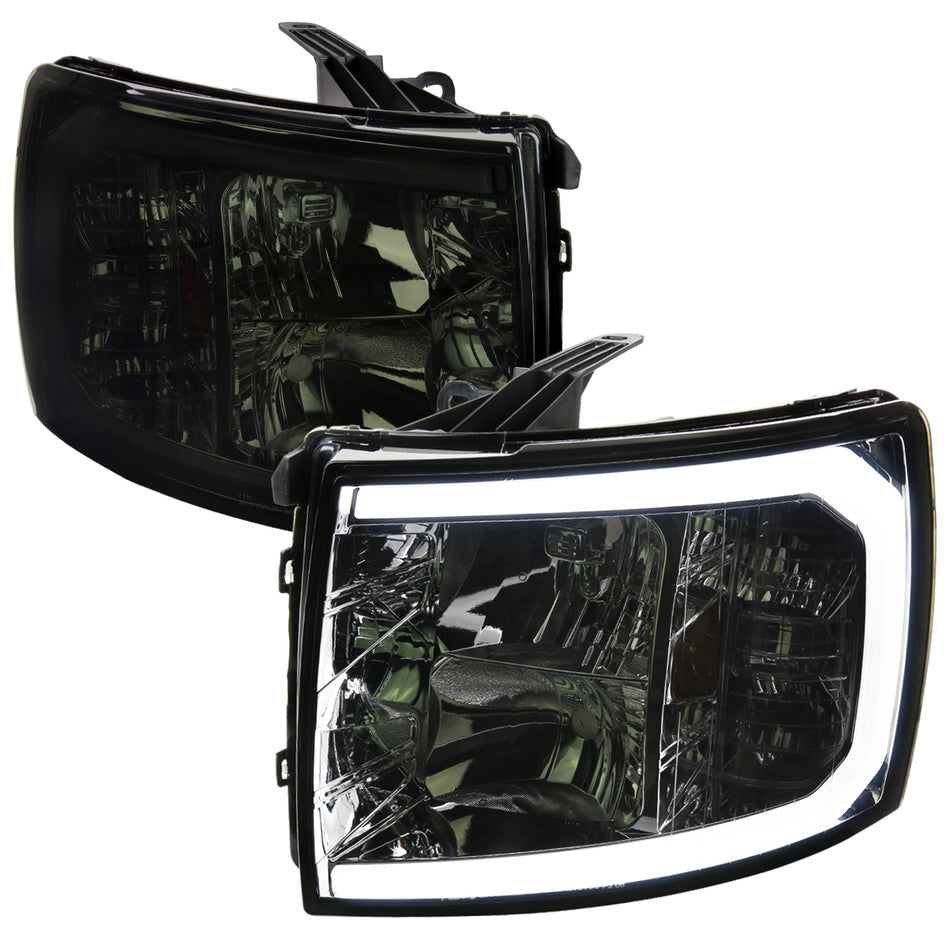 2007-2013 Chevrolet Silverado 1500/ 2007-2014 Silverado 2500HD 3500HD LED C-Bar Factory Style Headlights w/ Amber Reflector (Chrome Housing/Smoked Lens)
