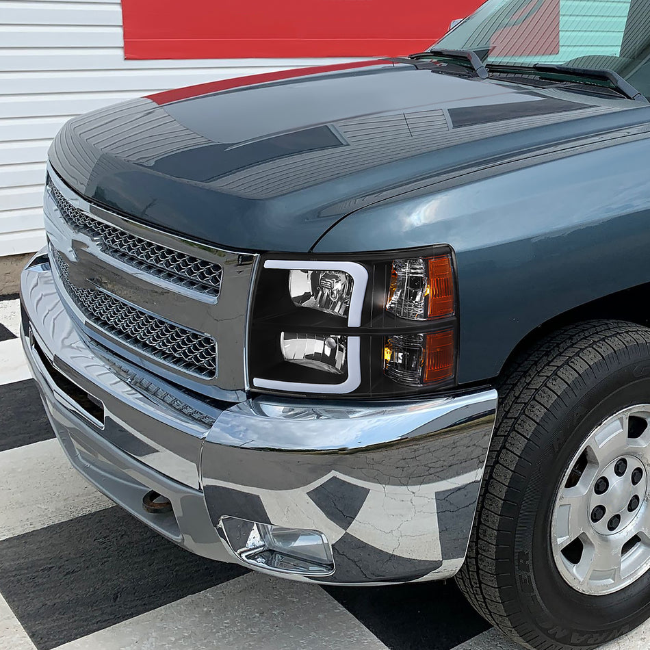 2007-2013 Chevrolet Silverado 1500/ 2007-2014 Silverado 2500HD 3500HD LED Bar Factory Style Headlights w/ Amber Reflector (Chrome Housing/Clear Lens)