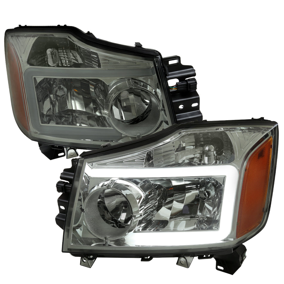 2004-2015 Nissan Titan / 2004-2007 Armada LED Bar Factory Headlights (Chrome Housing/Light Smoked Lens)